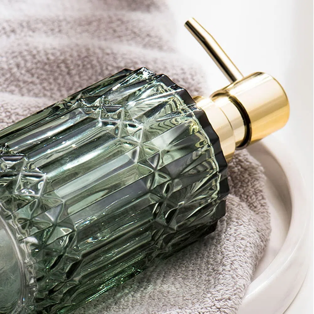 Dispenser Sapone Bagno Vetro, 390ml Dispenser Sapone Vetro Oro e Verde, Elegante Vintage Dispenser Sapone Liquido da Bagno, Set da 2