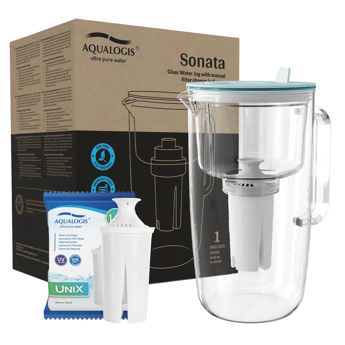 Aqualogis Sonata 2.9L Caraffa Filtrante in Vetro Borosilicato - Include 1 Cartuccia UniX - Celeste - Riduce Calcare, Cloro e Odori - Design Elegante e Moderno