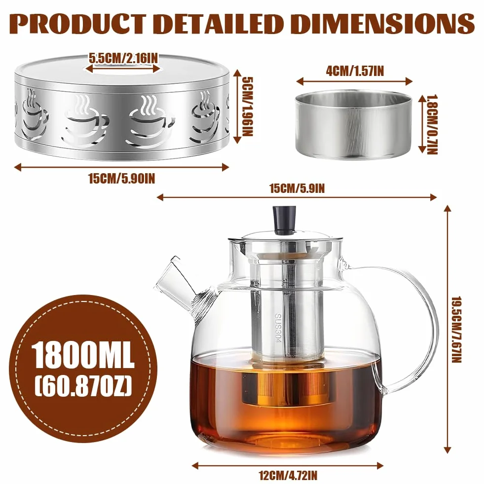 Teiera in vetro da 1,8 litri con fornello, teiera in vetro con colino, teiera con colino per tè sfuso, senza BPA, microonde e lavabile in lavastoviglie
