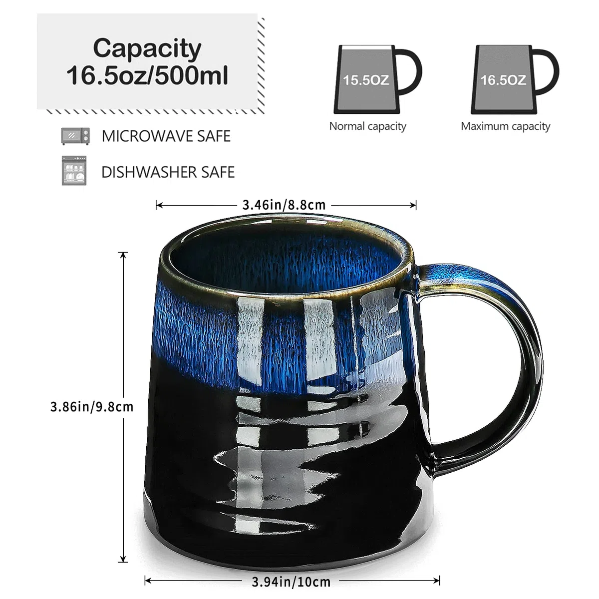 Tazza da caffè grande, cappuccino, tazza da caffè in porcellana, grande tazza da tè con manico, tazza da cappuccino in porcellana (blu)