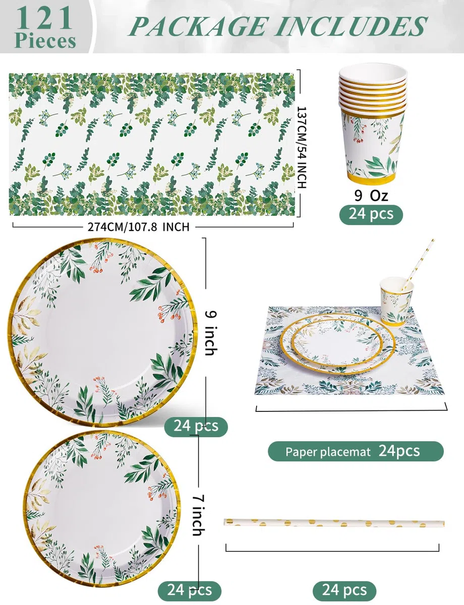 Nkaiso Stoviglie per Feste Verde Salvia 121 Pezzi Piatti Di Carta Verde e Bicchieri, Piatti Per Baby Shower Tazze Tovaglioli, Per Feste Di Compleanno Tea Party Compleanno Matrimoni- 24 Ospiti