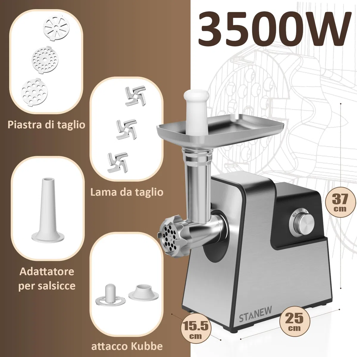 STANEW 3500 W tritacarne elettrico, 3 in 1, con 3 piastre in acciaio inox, Kubbe e 3 tubi per farcire per salsicce, capacità 3,5 kg/min,3 lame, Propower motore in rame