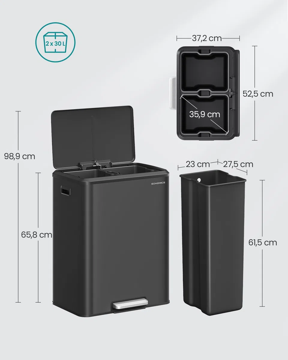SONGMICS Cestino da Cucina, 2 x 30 L, Pattumiera Doppia per Raccolta Differenziata, Secchi Interni, Acciaio, Coperchio a Chiusura Morbida, Pedale Ampio, Nero Inchiostro LTB556B02