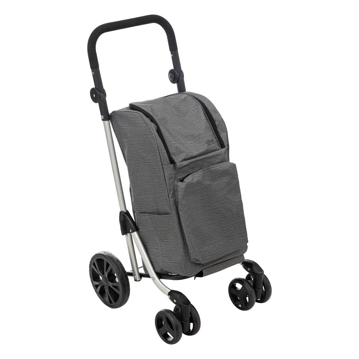 5five - Carrello pieghevole a 4 ruote, grigio, 46L - Maniglia regolabile - Tasche con cerniera - Scomparto per alimenti freschi - Leggero - Shopping e mercato - Attività all'aperto