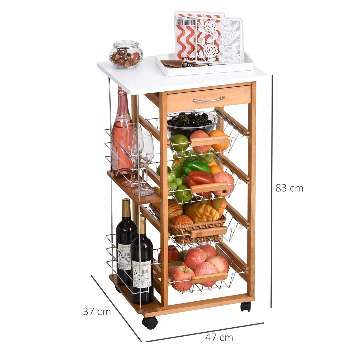 HOMCOM Carrello da Cucina Salvaspazio in Legno Marrone, Portavivande con 1 Piano di Lavoro 1 Cassetto e 4 Cestelli Metallici, 47x37x83cm