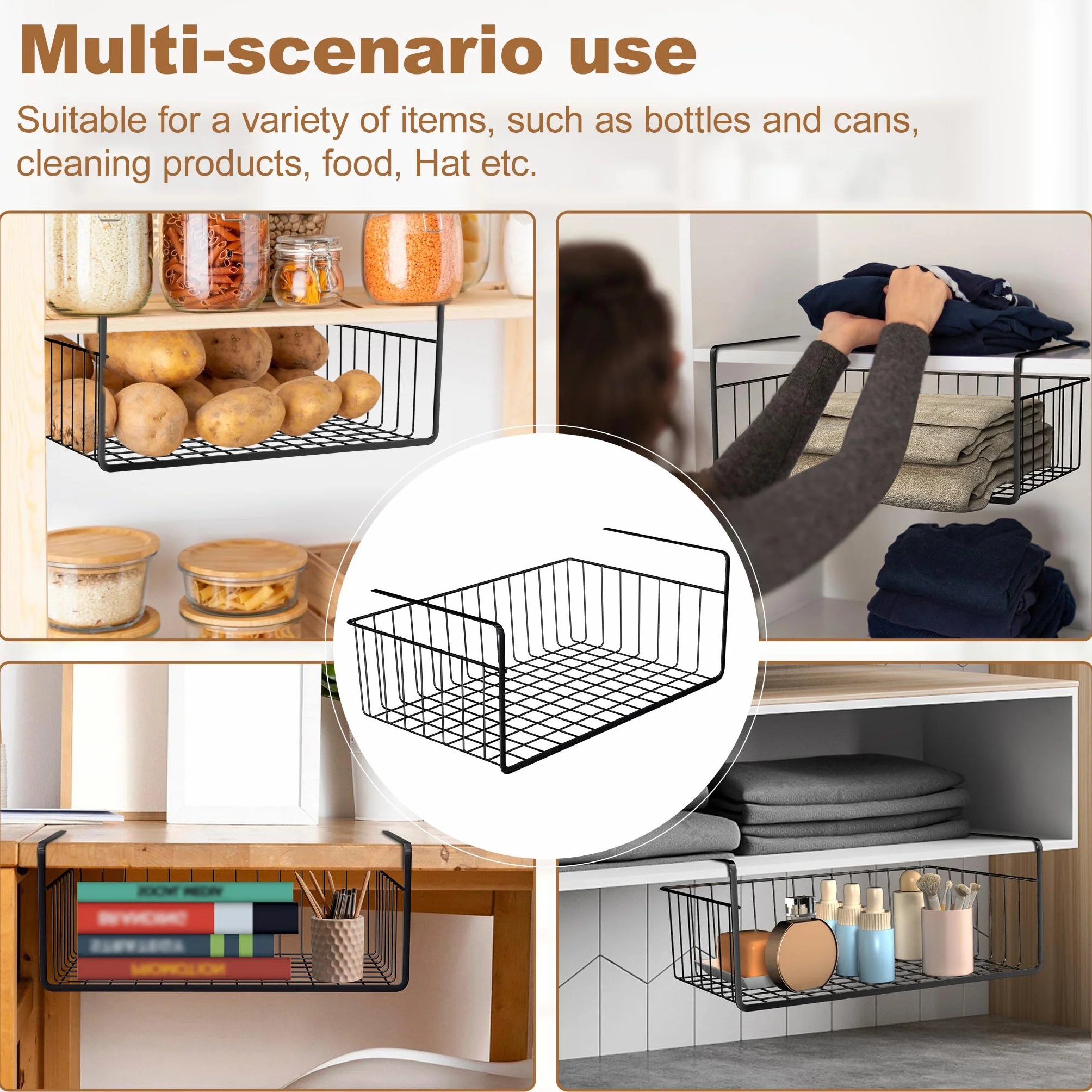 Froadp Set da 2 cestelli sottoscaffale – Organizer da armadio in metallo nero – Montaggio senza attrezzi – Ideale per cucina, dispensa, bagno, ufficio, armadio – Design aperto per la ventilazione