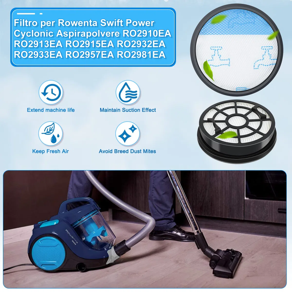 4 Pezzi Filtro per Rowenta Swift Power Cyclonic Aspirapolvere RO2910EA RO2913EA RO2915EA RO2932EA RO2933EA RO2957EA RO2981EA,Filtri HEPA con Filtro Spugna Ricambio di Accessori ZR904301