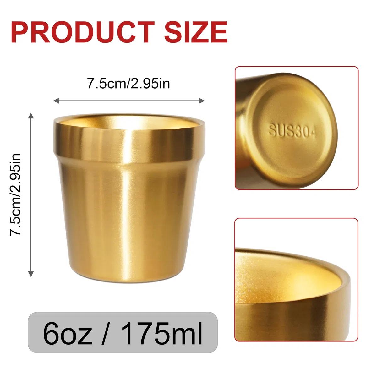 Youda Bicchieri in Acciaio Inox(Set di 4, Oro) Impilabili, Tazza da caffè/Tazza da tè/Bicchieri da Birra per Abbattere, Per i viaggi, Outdoor, Camping e tutti i giorni, 6oz(175ml)