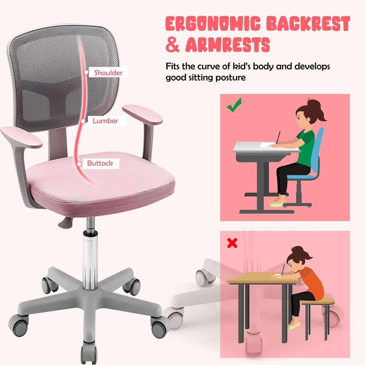 LIFEZEAL Sedia Scrivania Bambini, Sedia Girevole, Altezza Regolabile e Ergonomico, per Bambini, da Cameretta, con Braccioli, Schienale e Sediolina Imbottita, per Bimbo 3 Anni+, Max150kg, Rosa