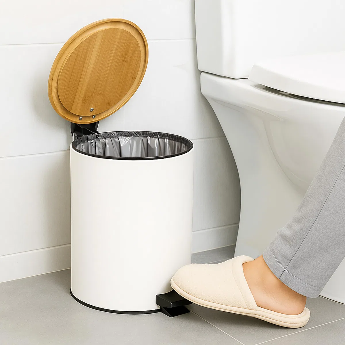 Relaxdays Pattumiera Bagno a Pedale 5 L, Cestino Interno Estraibile, Silenzioso, con Sacchetti, Ferro e bambù, Bianco