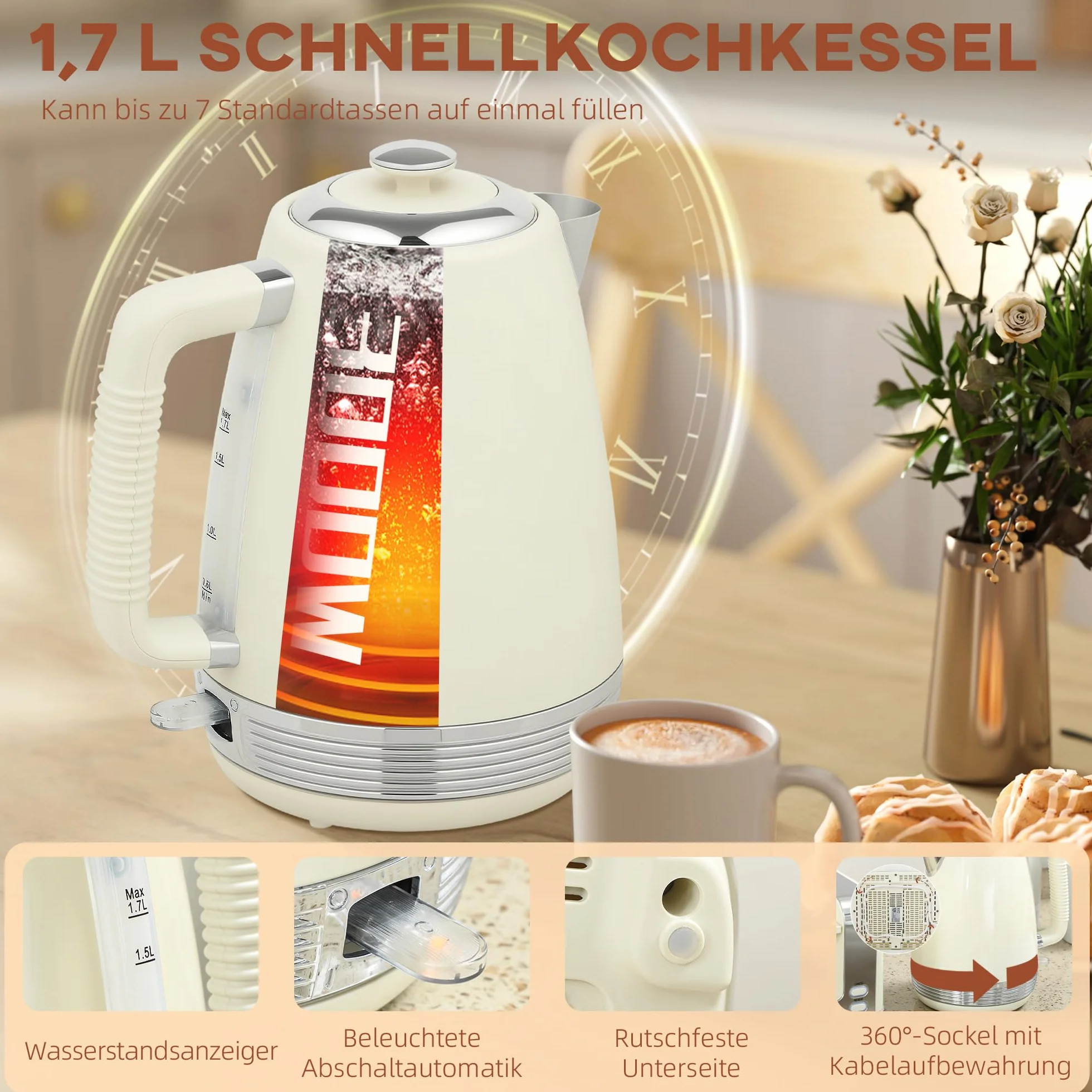 HOMCOM Set di tostapane in acciaio inox, con bollitore elettrico da 1,7 l, 2200 W, con termostato Strix, 4 fette con 7 livelli di doratura, scomparto per briciole, scongelamento, riscaldamento, crema