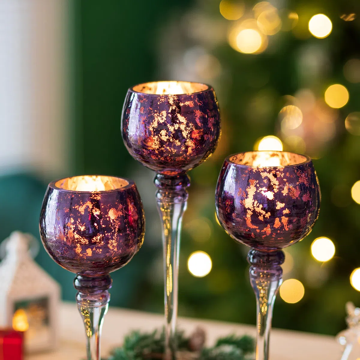 Portacandele Vetro Portalimini Viola: 3 Pezzi Porta Candele in Mercurio Centrotavola Natalizio Matrimoni Decorazione Della Casa Candelieri per Candele Galleggianti e Piccoli Colonna