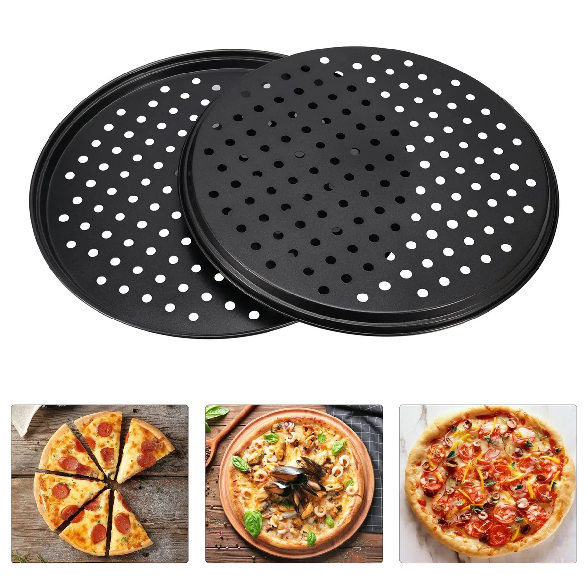 Confezione da 4 Vassoi Antiaderenti per Pizza da 25,4 cm, Teglia Rotonda con Fori per Forno, 26 cm x 1,5 cm, Nero