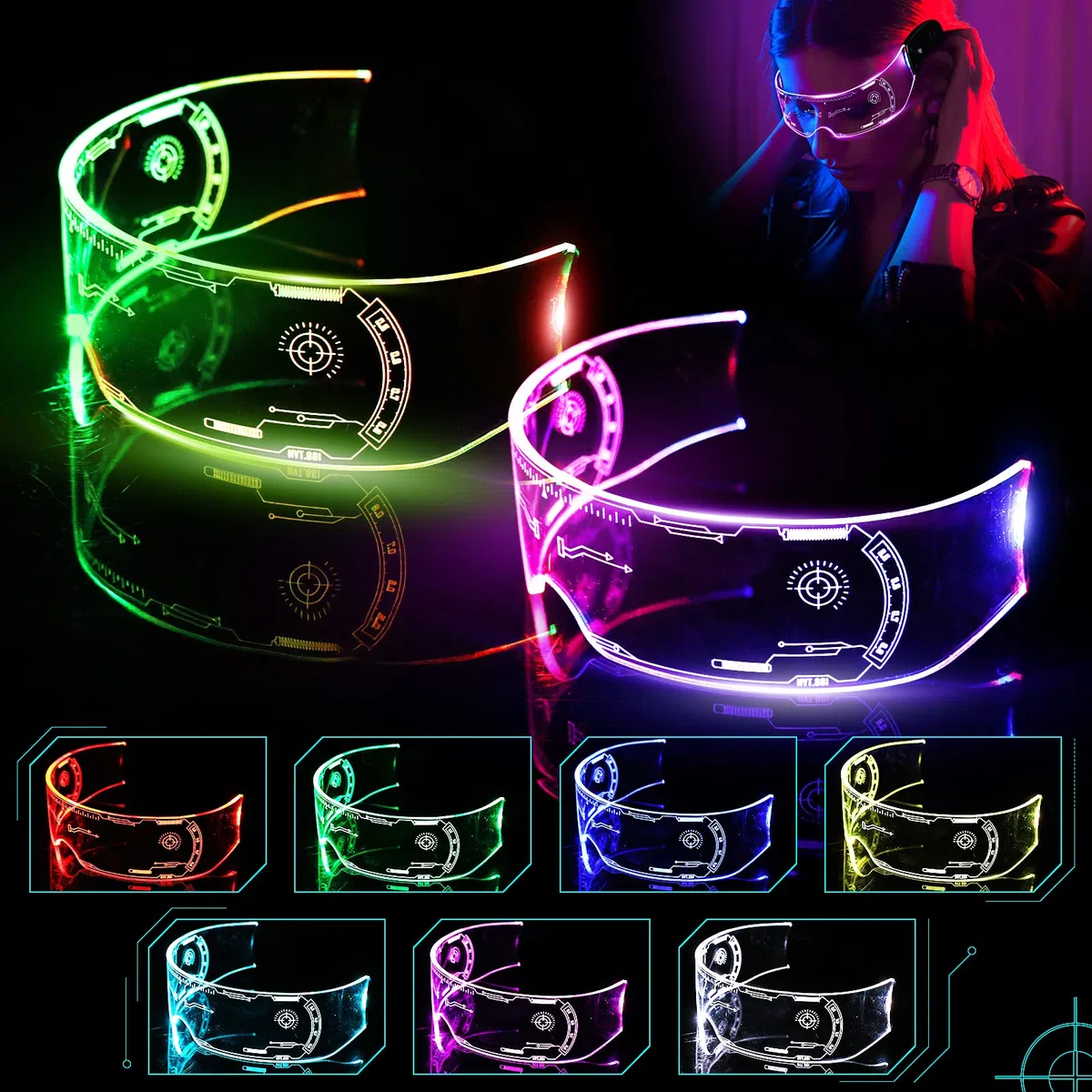 2 paia di occhiali Cyberpunk LED, occhiali LED luminosi, occhiali Rave a 7 colori e 4 modalità, occhiali luminosi per feste, occhiali da festa per cosplay di Cyberpunk, bar, club, Halloween