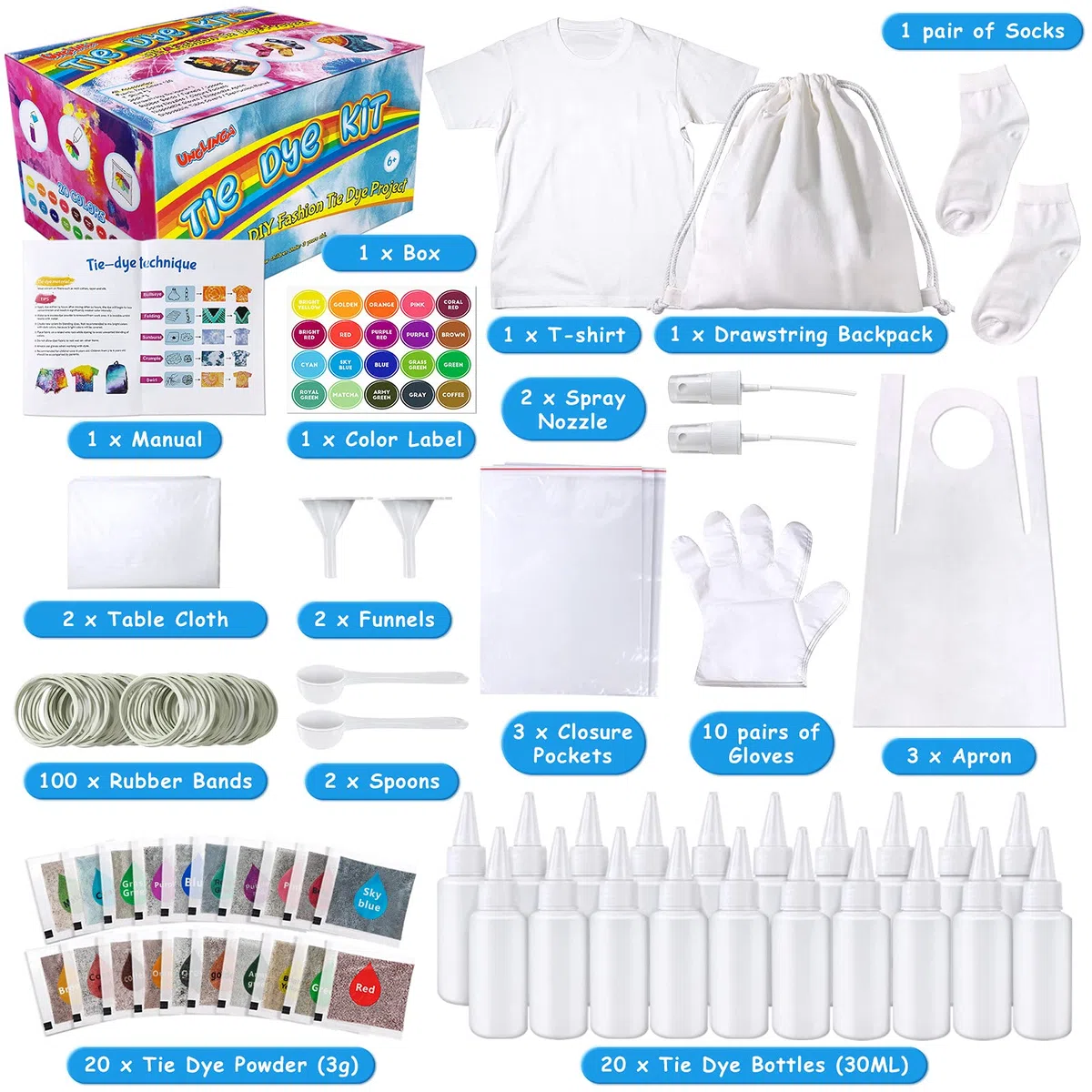 Tie Dye Kit, 20 Colori Set di Vernici per Tessuti con T-Shirt, Arte Creativa e Attività Artigianale Tie Dye Set per bambini e Adulti