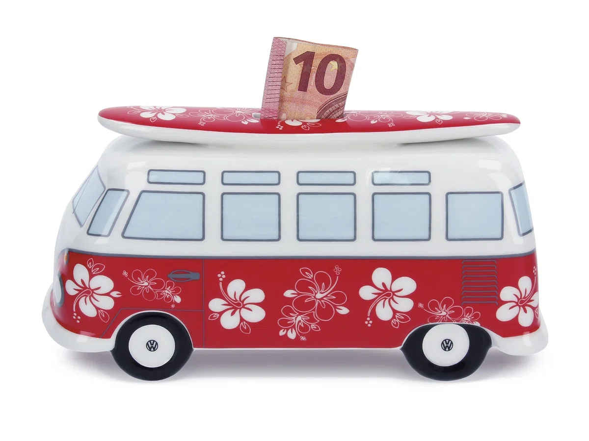 BRISA VW Collection - Volkswagen Salvadanaio in ceramica con tavola da surf, per risparmiare monete e banconote, VW Bus T1 design (Flower Power/Rosso)