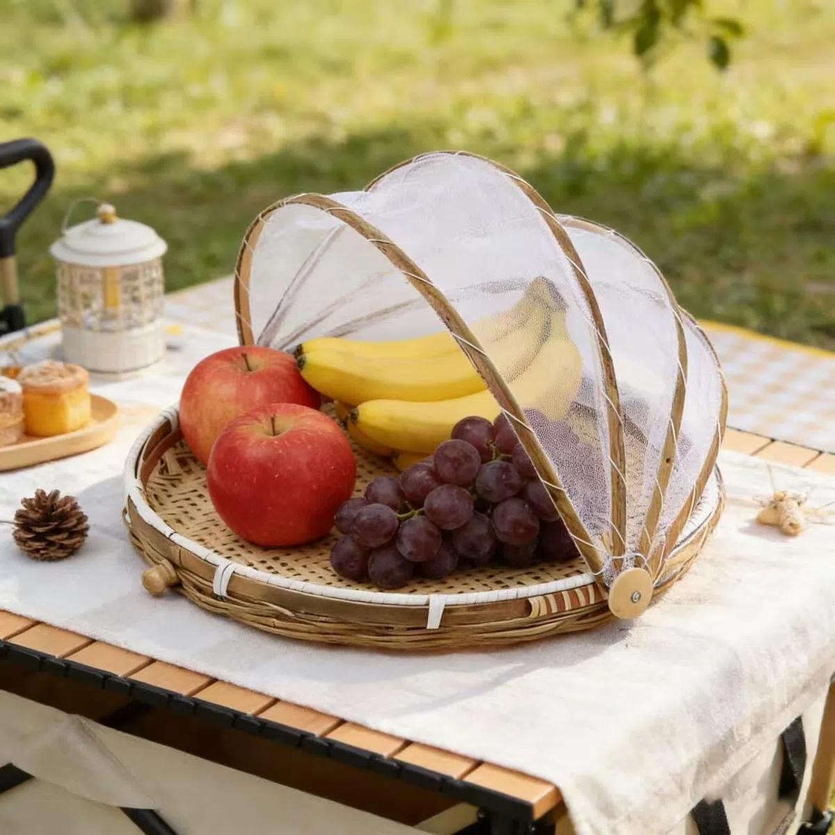 Cestino in bambù intrecciato a mano con copertura in rete, per coprire e servire il cibo, a prova di insetti, antipolvere, per pane, frutta e verdura, Bambù, Stile 3, Dia.30cm