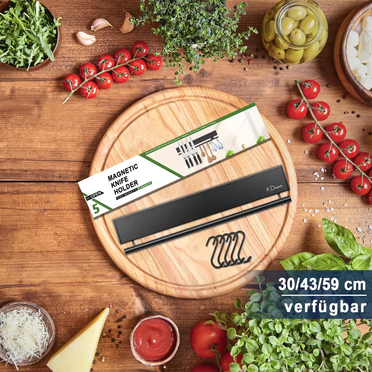 Dmore Supporto Magnetico per Coltelli da 30 cm Con 5 Ganci - Barra Nera Autoadesiva per Utensili Con Nastro e Viti