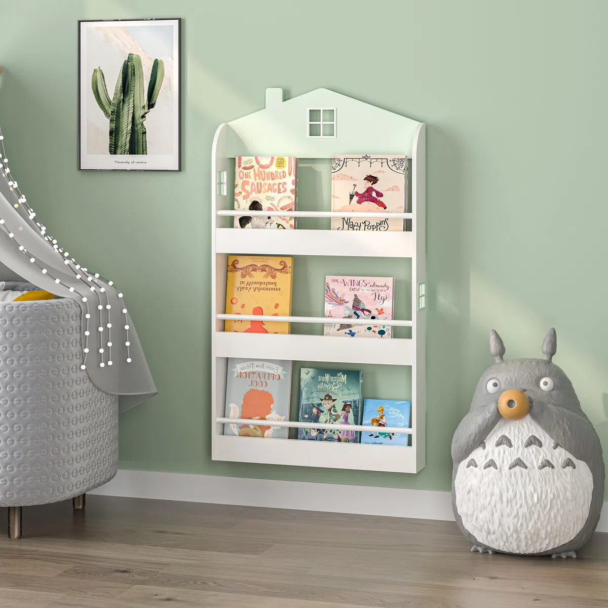 [en.casa] Libreria Frontale per Bambini Scaffale per Cameretta Design a Casetta con Barre Anticaduta Montaggio a Parete o a Terra 106x60x12 cm Menta Verde/Bianco