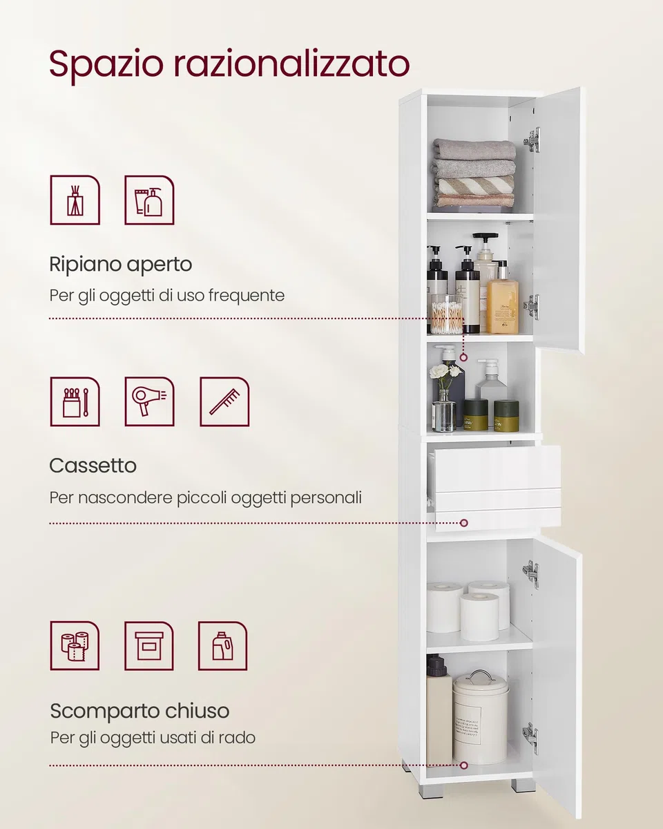 VASAGLE Mobile da Bagno, Mobiletto Portaoggetti, Alto, con Cassetto, Ripiani Regolabili, Scomparti, 30 x 30 x 170 cm, Bianco Nuvola BBC560P31