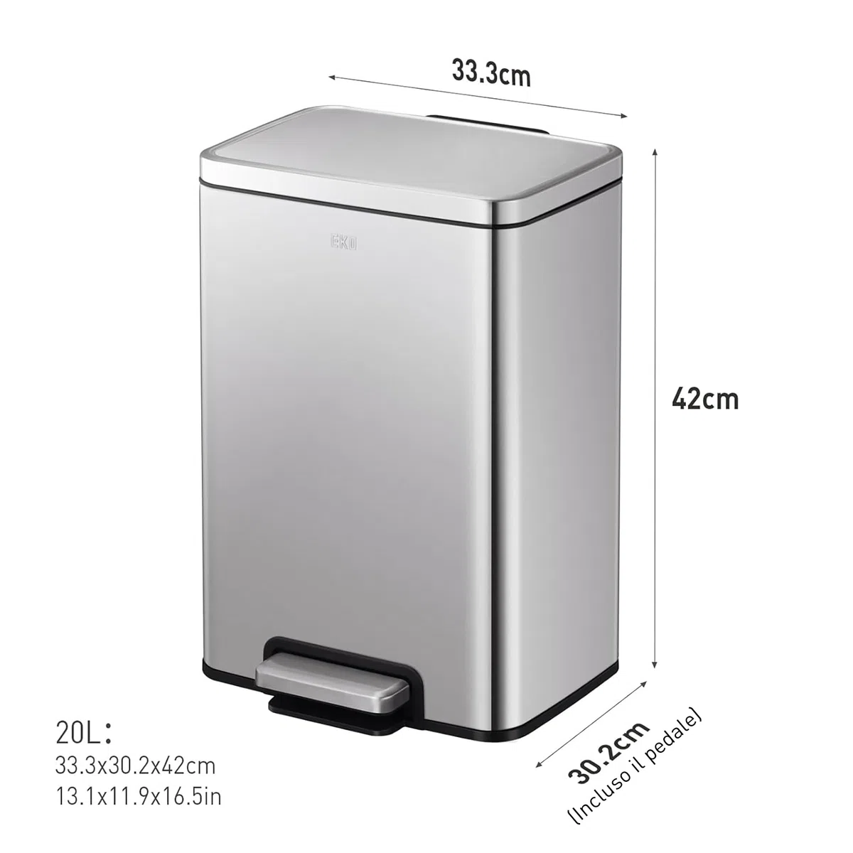 Pattumiera EKO Madison 20L in Acciaio Spazzolato, pattumiera per rifiuti da Cucina, Pedale Resistente, pattumiera per Bagno, Chiusura Ammortizzata, pattumiere, pattumiere per Bagno