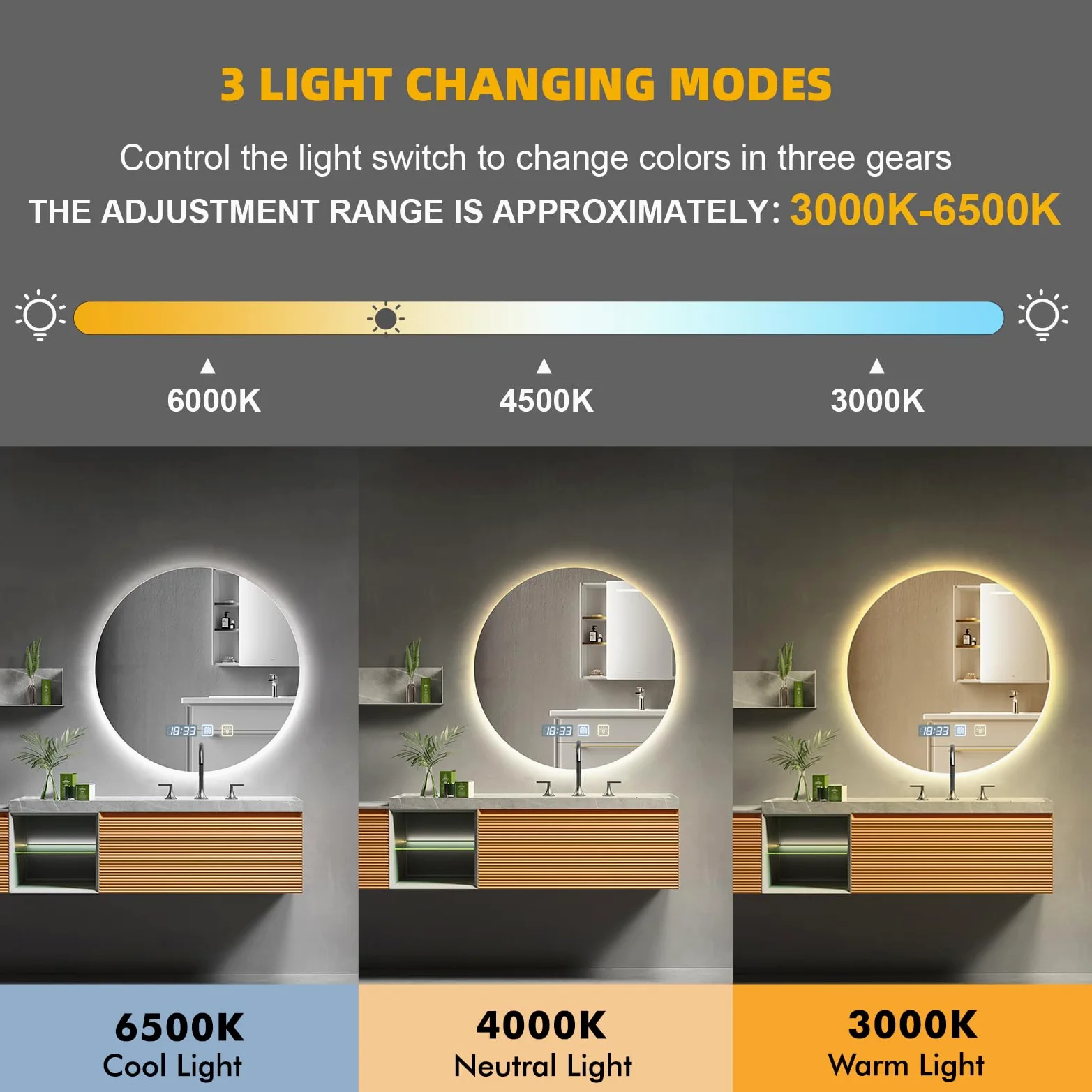 Sararoom 60 cm Specchio Bagno con Luce, Specchi da parete per bagno rotondo con orologio, Anti-Fog, Dimmerabile, 3 Colori Luci, Memoria, IP44 Specchio con luci retroilluminate, HD Vetro Temperato