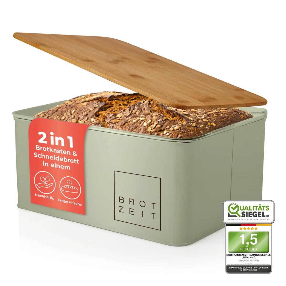 Lumaland Cuisine Cestino per il pane | Scatola per il pane in metallo con coperchio in bambù | Scatola per il pane rettangolare 30,5 x 23,5 x 14 cm | 2in1 Cestino per il pane e tagliere [Verde Menta]