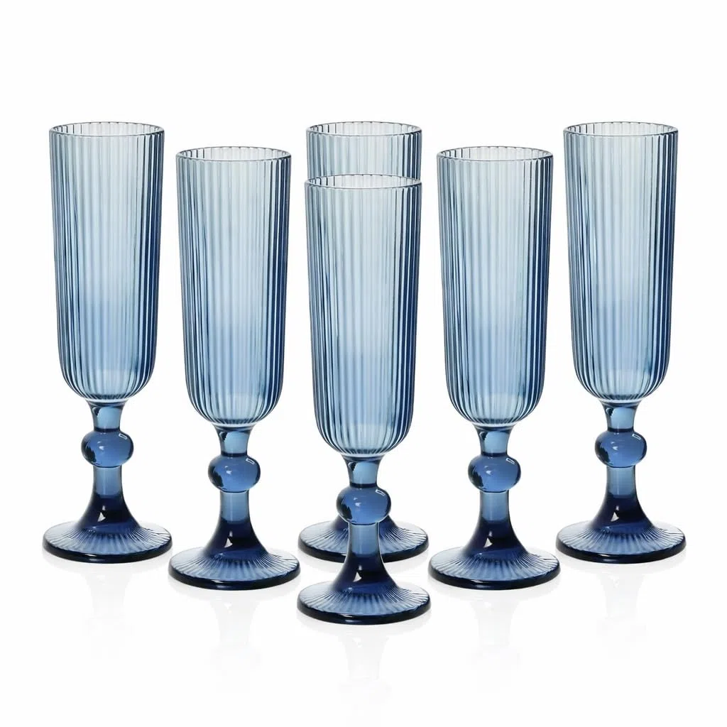 Set 6 Calici Flute in Vetro Rigato 155 ml – Calici Champagne e Aperitivo Eleganti, Design a Righe, Vetro Colorato, Lavabili in Lavastoviglie (Blu)