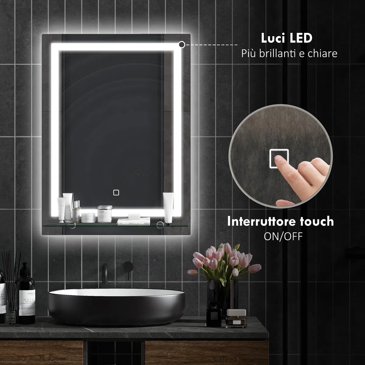 kleankin Specchio per Bagno a Luci LED a 3 Colori Regolabili con Mensola in Vetro, Specchio Illuminato con Funzione a Memoria in Alluminio e Vetro Temperato, 50x12x70 cm, IP44, Argento