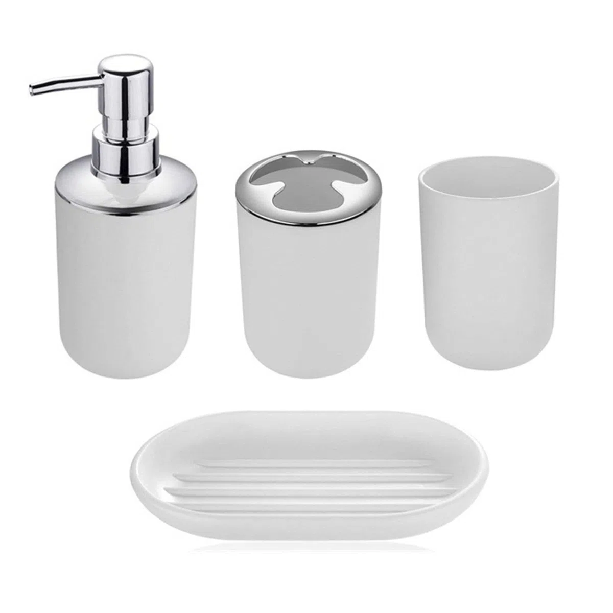 Set di 4 accessori da bagno con dispenser per sapone, tazza da bagno, portasapone, portaspazzolino e dentifricio (bianco)