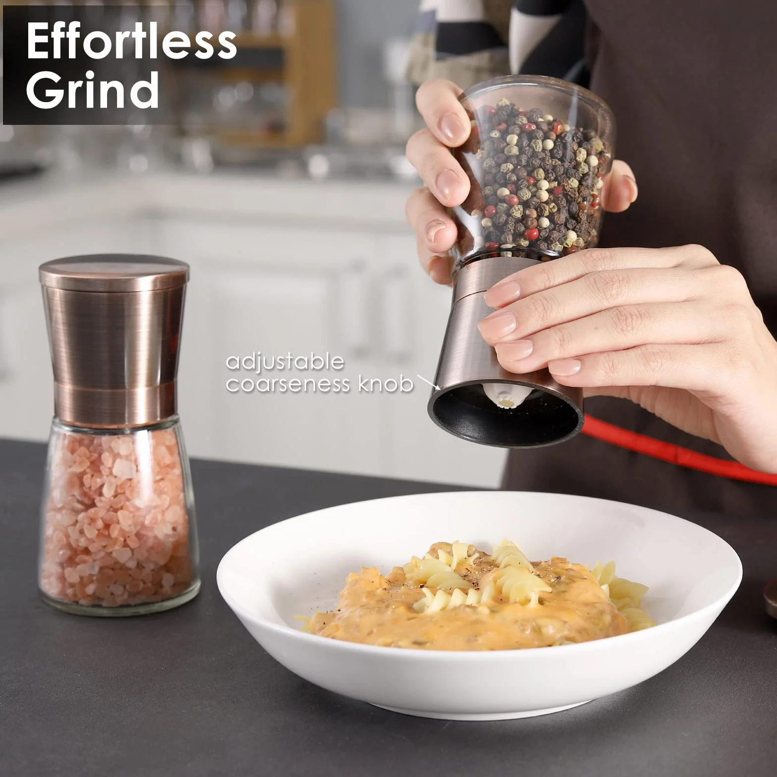 Vzaahu Macina Sale e Pepe 2 Set,con Nucleo di Ceramica Cannella,Ruvidità Regolabile,Colore Rame,per Casa Ristorante