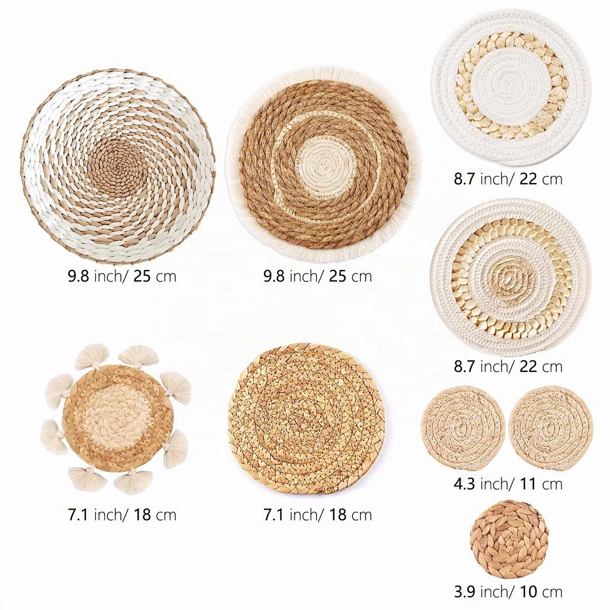 Set di 9 cestini da parete in stile bohémien, da appendere, in rattan, vimini, decorazione da parete, ecologica, rotonda, per casa, camera da letto, soggiorno, tavolo, cucina, casa