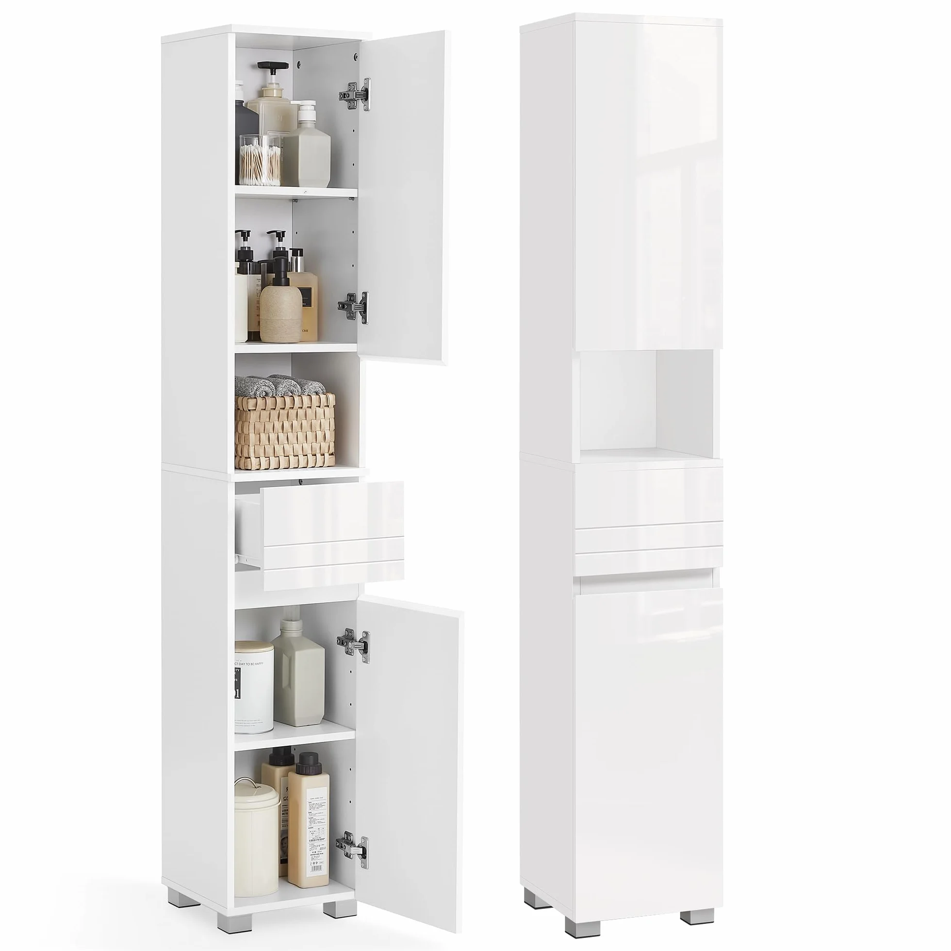VASAGLE Mobile da Bagno, Mobiletto Portaoggetti, Alto, con Cassetto, Ripiani Regolabili, Scomparti, 30 x 30 x 170 cm, Bianco Nuvola BBC560P31