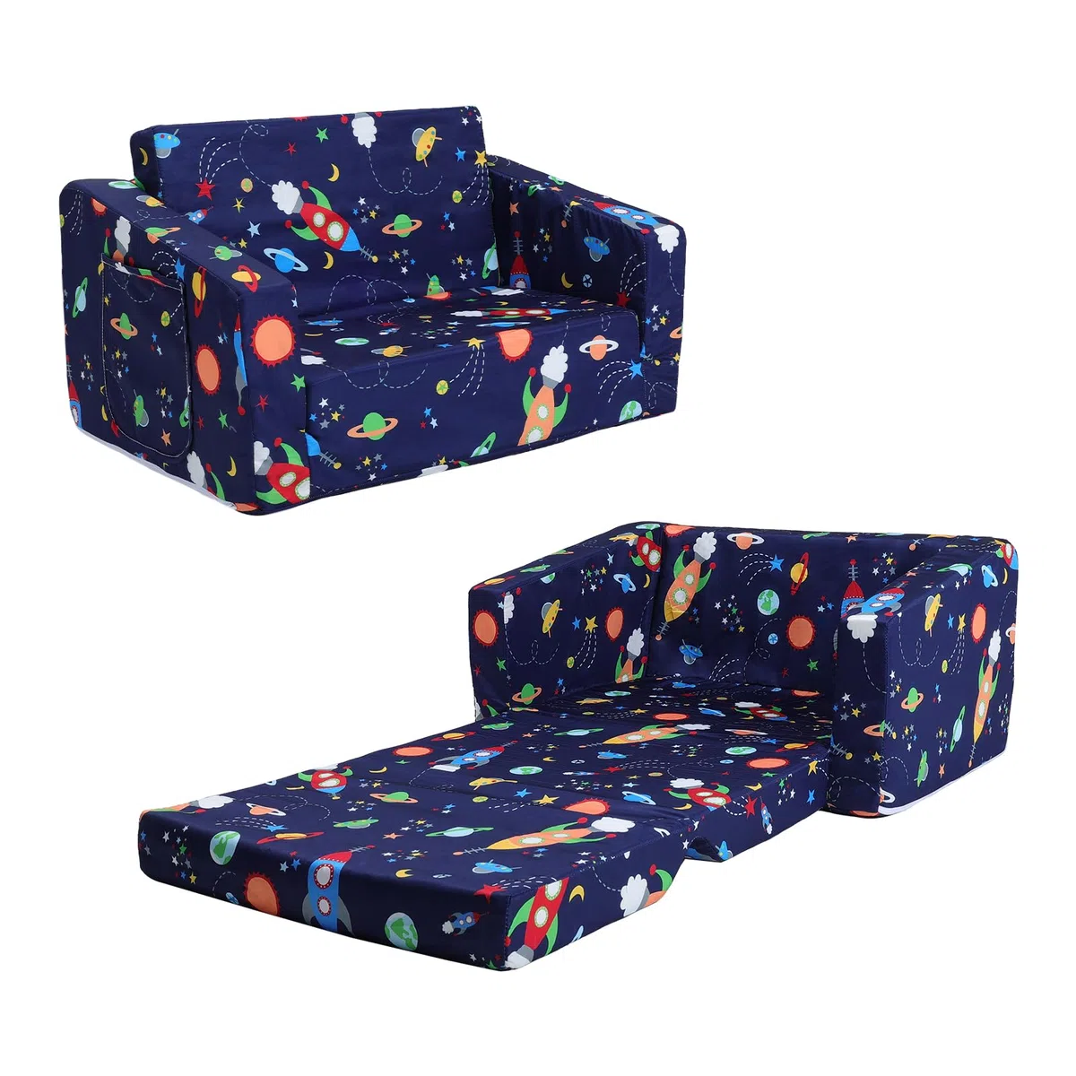 decalsweet Divano Letto per Bambini 2-in-1 Pieghevole Schienale Poltrona, Comoda Stabile Divano Bambini con Tasca in Stoffa, Divano Pieghevole Leggero Apribile per Camera da Letto, Soggiorno, Razzo