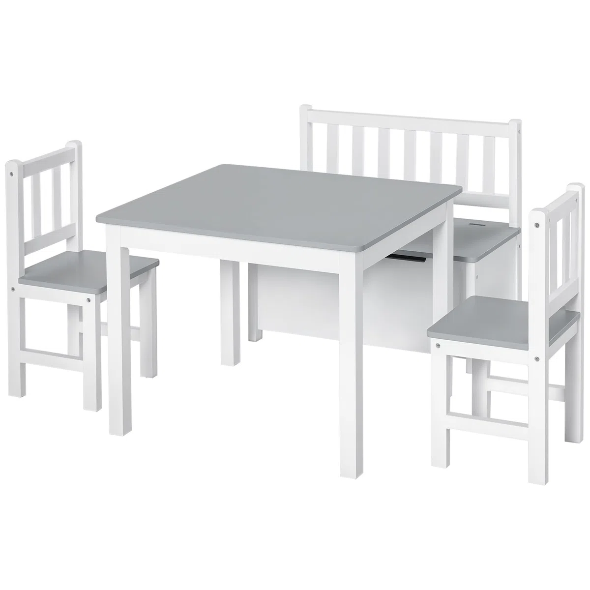 HOMCOM Set 4 Pezzi con Tavolo per Bambini, 2 Sedie e Cassapanca, Arredamento Cameretta, Tavolino con Sedie per Bambini in Legno Multiuso, Bianco e Grigio