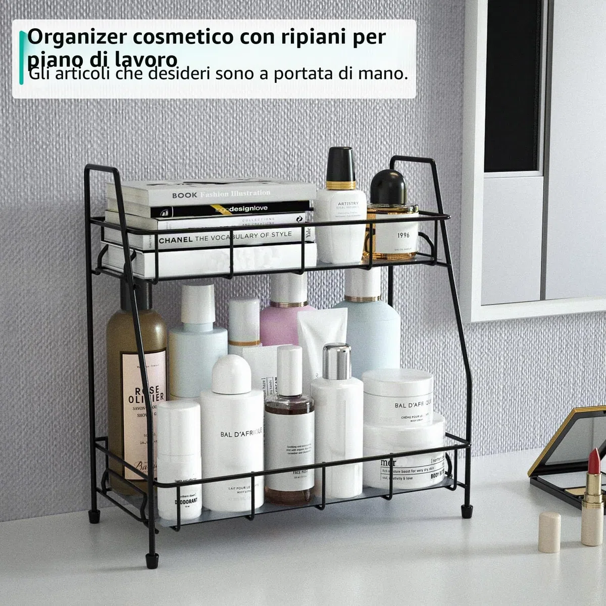 Supporto Porta Spezie Organizer per Cucina da Appoggio,Mensola Portaspezie Ripiani Organizzatore per Cucina Armadietto Bagno 2 Livelli,Nero