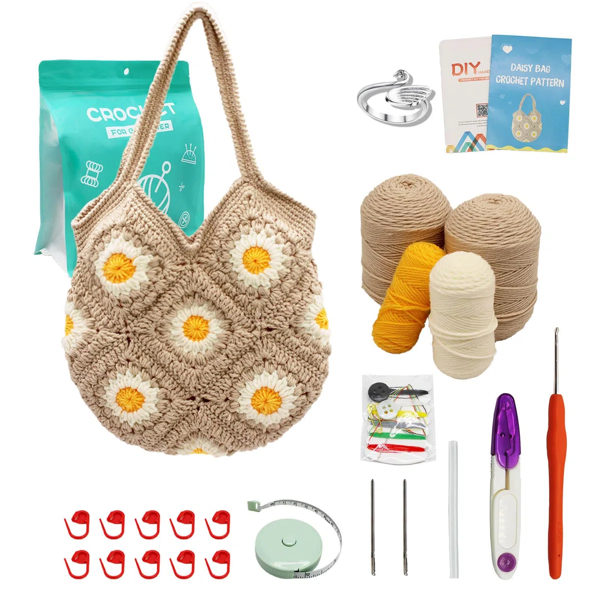 Uongeod Kit all'uncinetto per principianti Daisy Tote Bag Kit fai da te a maglia di Daisy Tote Bag con tutorial video passo passo Kit all'uncinetto per principianti per adulti e bambini
