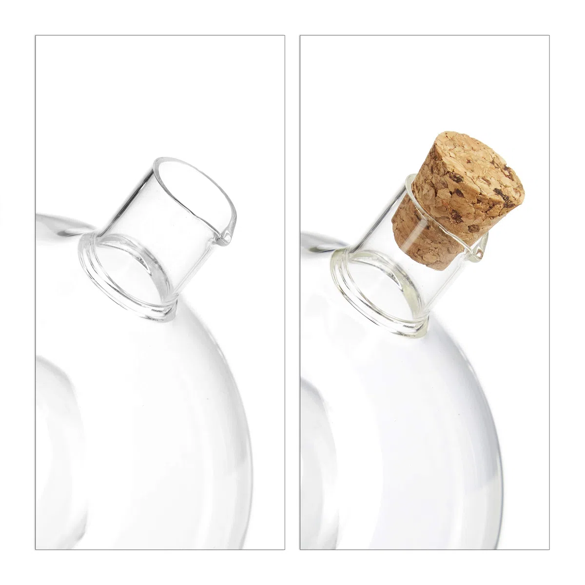 Relaxdays Dispenser di olio e aceto 2 in 1, set da 2, flaconi in vetro con tappi in sughero, capacità 375/50 ml, trasparente