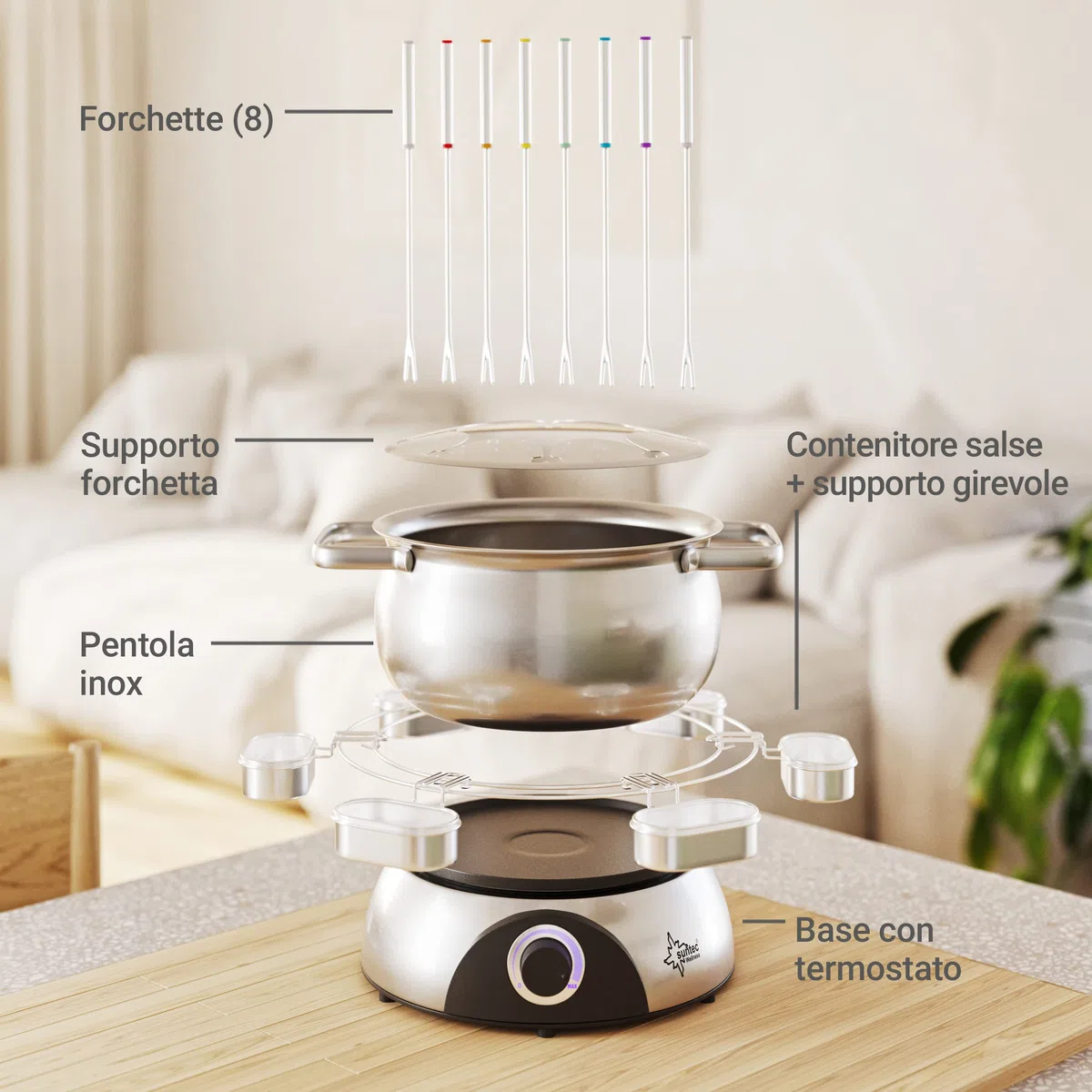 SUNTEC Fondue elettrica Fino a 8 Persone – Forchette + paraspruzzi + Supporto per Salse – Alternativa alla raclette – Pentola per Formaggio + Cioccolata + Grasso – Set in Acciaio Inox FON-8014 V2A