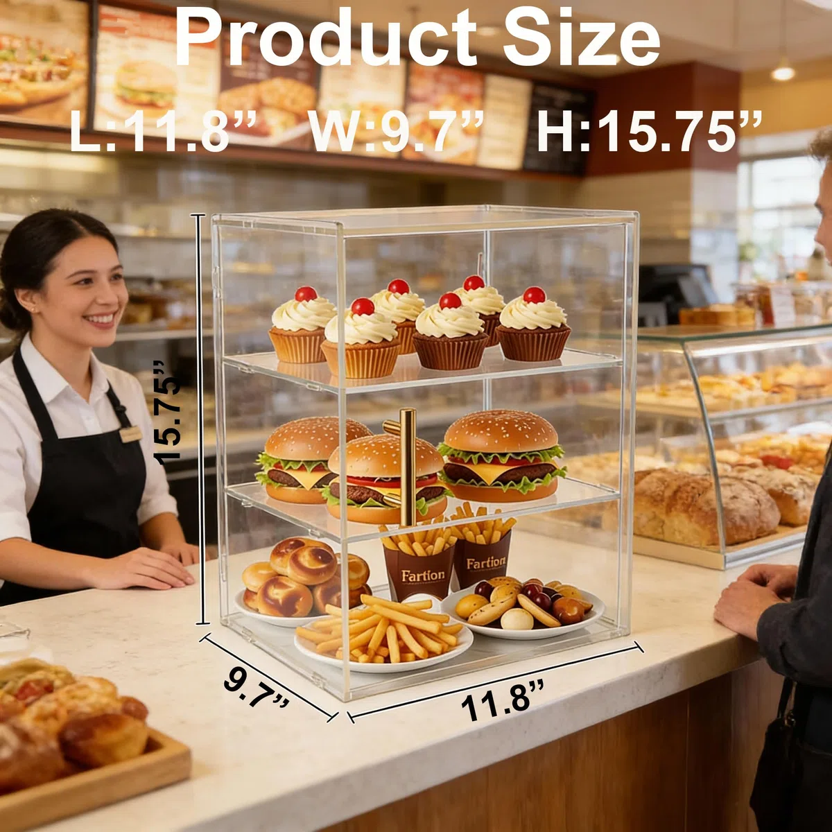 Teatro per Dolci in Acrilico, Portapane & Vetrina per Pasticceria da Bancone, 3 Ripiani per Ciambelle, Muffin, Croissant, Contenitore per Condimenti e Articoli da Toeletta, 30 x 24,5 x 40cm
