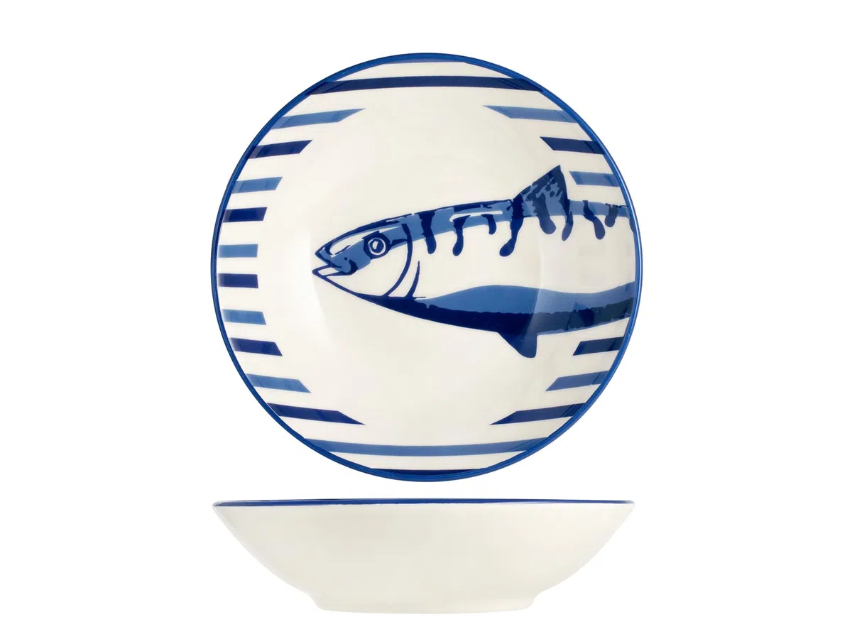 H&H Puerto Servizio Tavola 18 Pezzi in Stoneware – Set Piatti Decorati Blu e Azzurro con Motivo Pesce – Lavabile in Lavastoviglie, Perfetto per Estate, Case al Mare e Cene a Tema