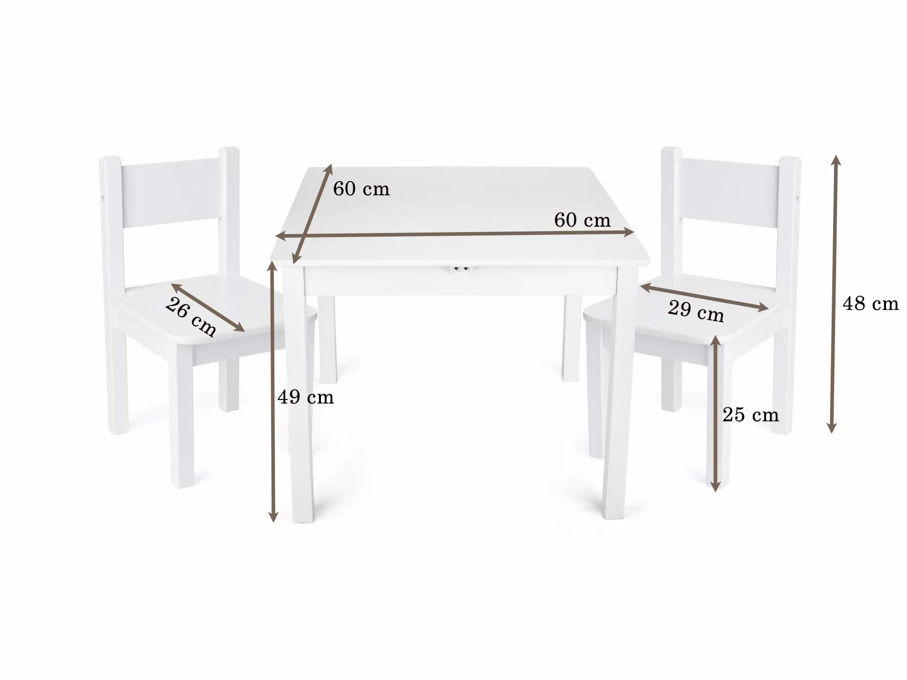 leomark tavolo e 2 sedie in legno per bambini 60x60x49 cm, stabile set per camera dei bambini, sala comune, scuola materna, asilo nido, mobili per bambini, Yeti colore BIANCO