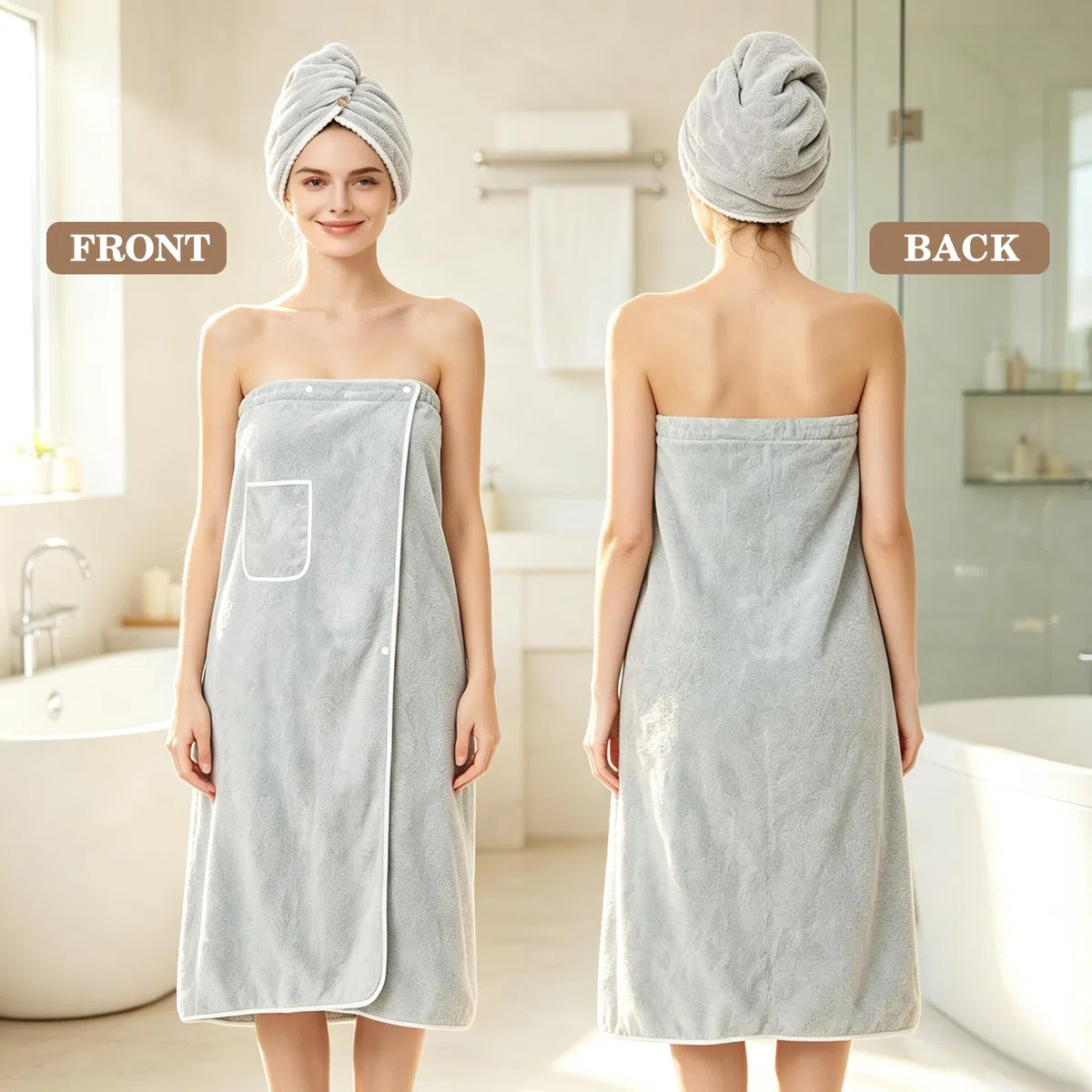 80x150 cm Kilt da Sauna Donna, Asciugamano da Sauna con Chiusura Regolabile a Bottoni e Tasche, Asciugamano per Capelli Accappatoio da Sauna da Donna per Doccia, Spiaggia, Piscina, Spa