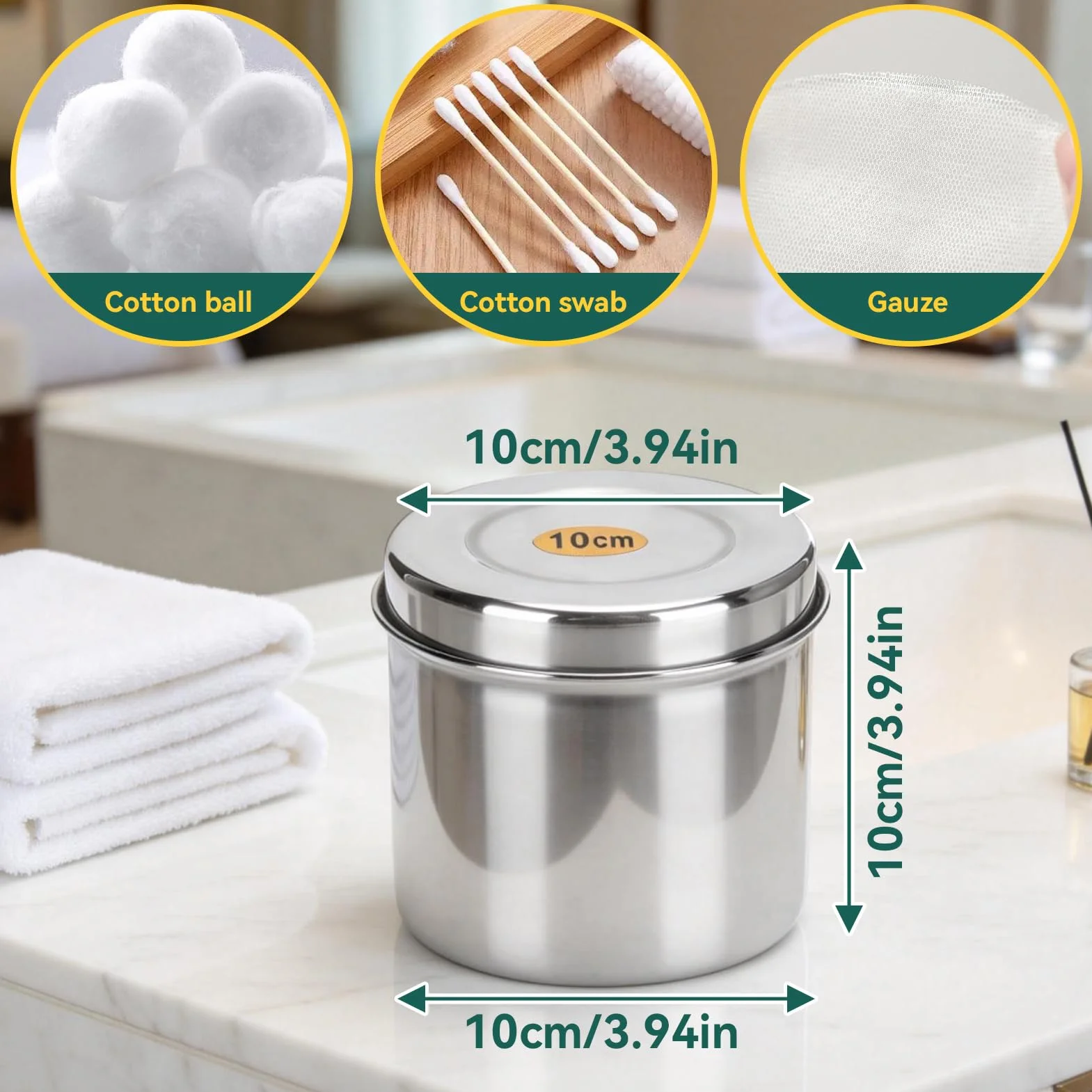 Organizer da appoggio per vanità da bagno, contenitore per barattolo in acciaio inossidabile con coperchio tazza per batuffoli di cotone per barattolo Vaso organizzatore per bagno dispenser per cotton