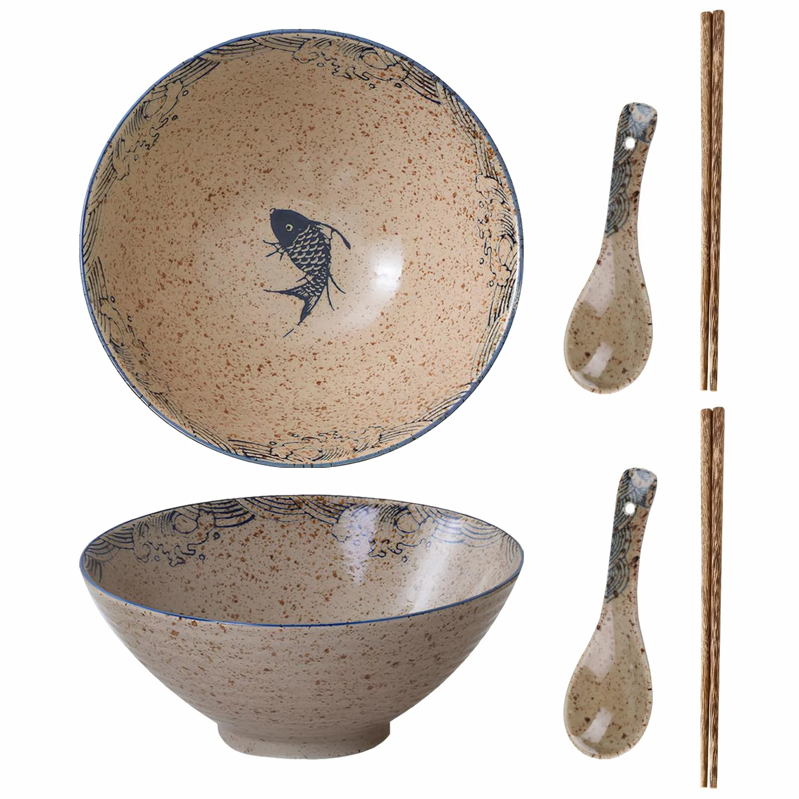 2 Set Ciotola per Ramen in Ceramica 1200 ml, Set di Ciotole per Ramen 1200 ml, Grande Ciotola Zuppa Noodles Giapponese, con Bacchette e Cucchiaio, per Zuppa di Ramen, Pasta, Macedonia, Riso