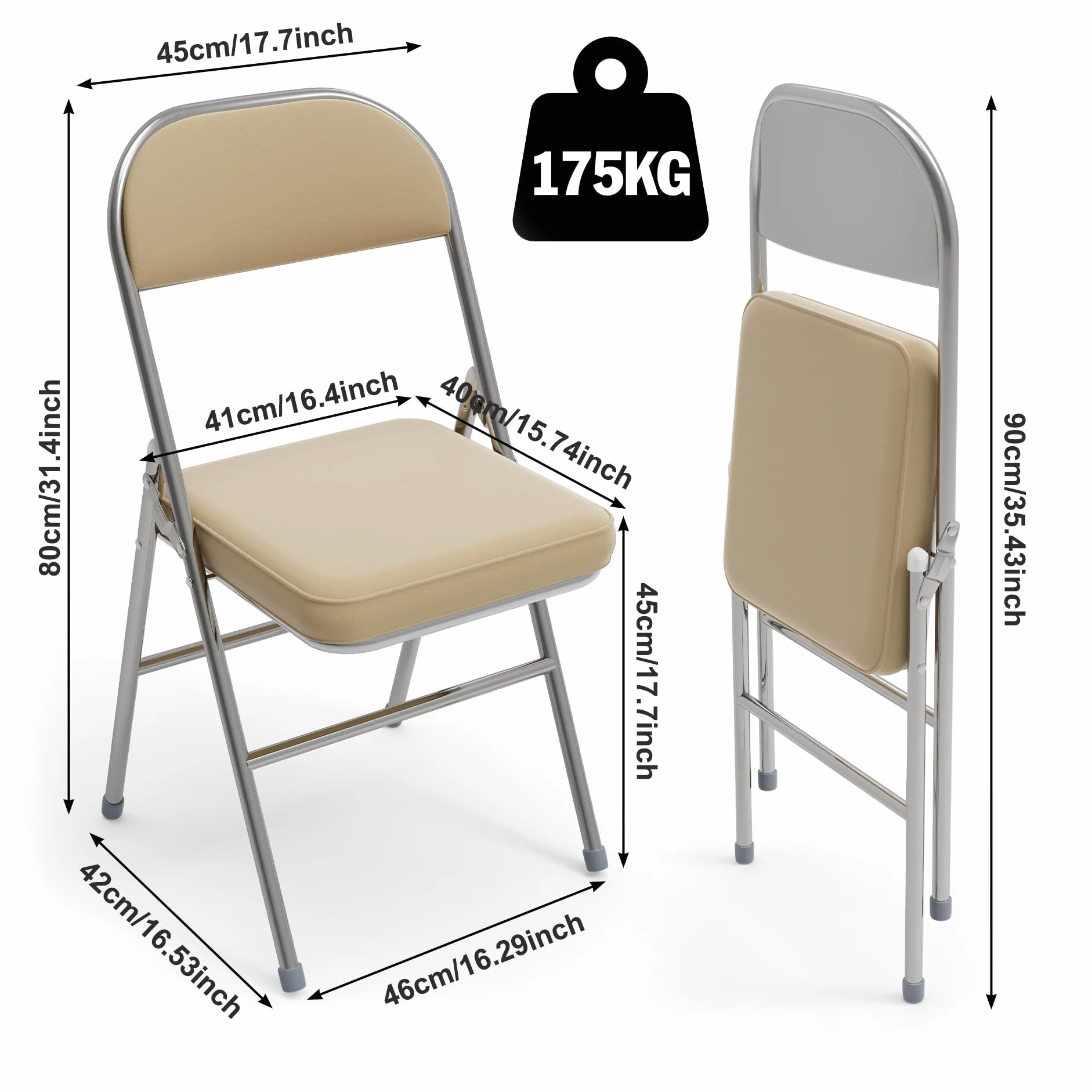 2 Pieghevoli comode di Alta qualità in Metallo, Imbottite in Ecopelle Resistenti salvaspazio, Sedia per Interno Esterno Viaggio Cucina Soggiorno Camera da Letto Giardino 42x46x80 cm, beige