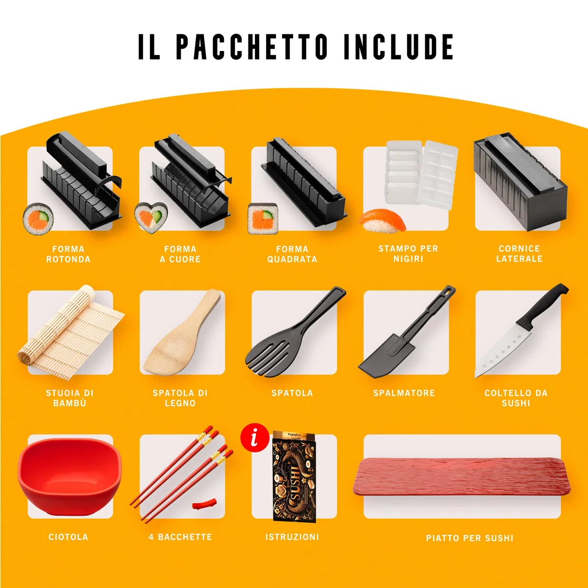 Kit Sushi 15 Pezzi - Sushi Kit Fai da Te con Stampi Nigiri, Tappetino Bambù, Coltello, Bacchette e Vassoio - Set Sushi Maker Casa con Guida e Video - Offerta Speciale per Rinnovo Stock Limitato