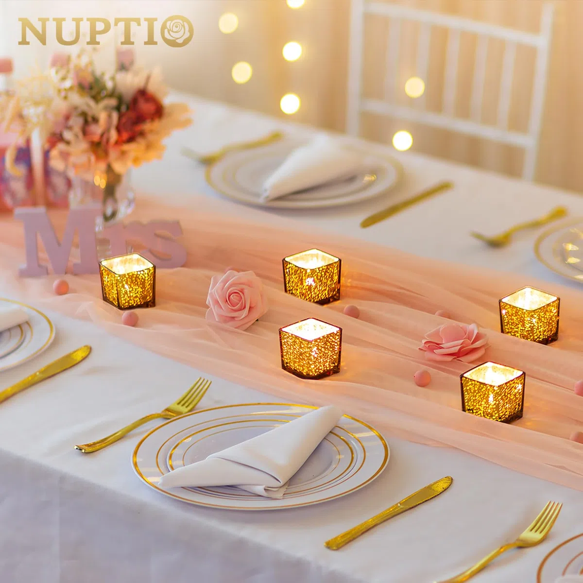Nuptio Portacandele Oro 24 Portacandele Votive di Vetro Sfuse, Piccole Candele Galleggianti Quadrate per Camera da Letto, Soggiorno, Matrimoni, Ricevimenti, Centrotavola, Feste di Compleanno