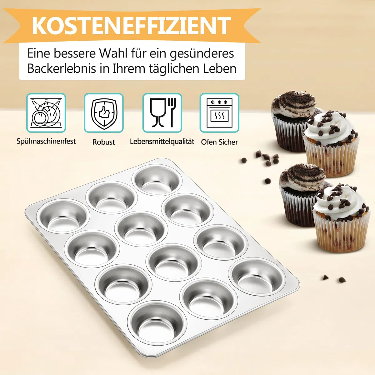 TEAMFAR Stampo per muffin, in acciaio inox, per 12 muffin, 3 cm di profondità, per muffin, cupcake, brownies, dolci, budini, rivestimento atossico, lavabile in lavastoviglie