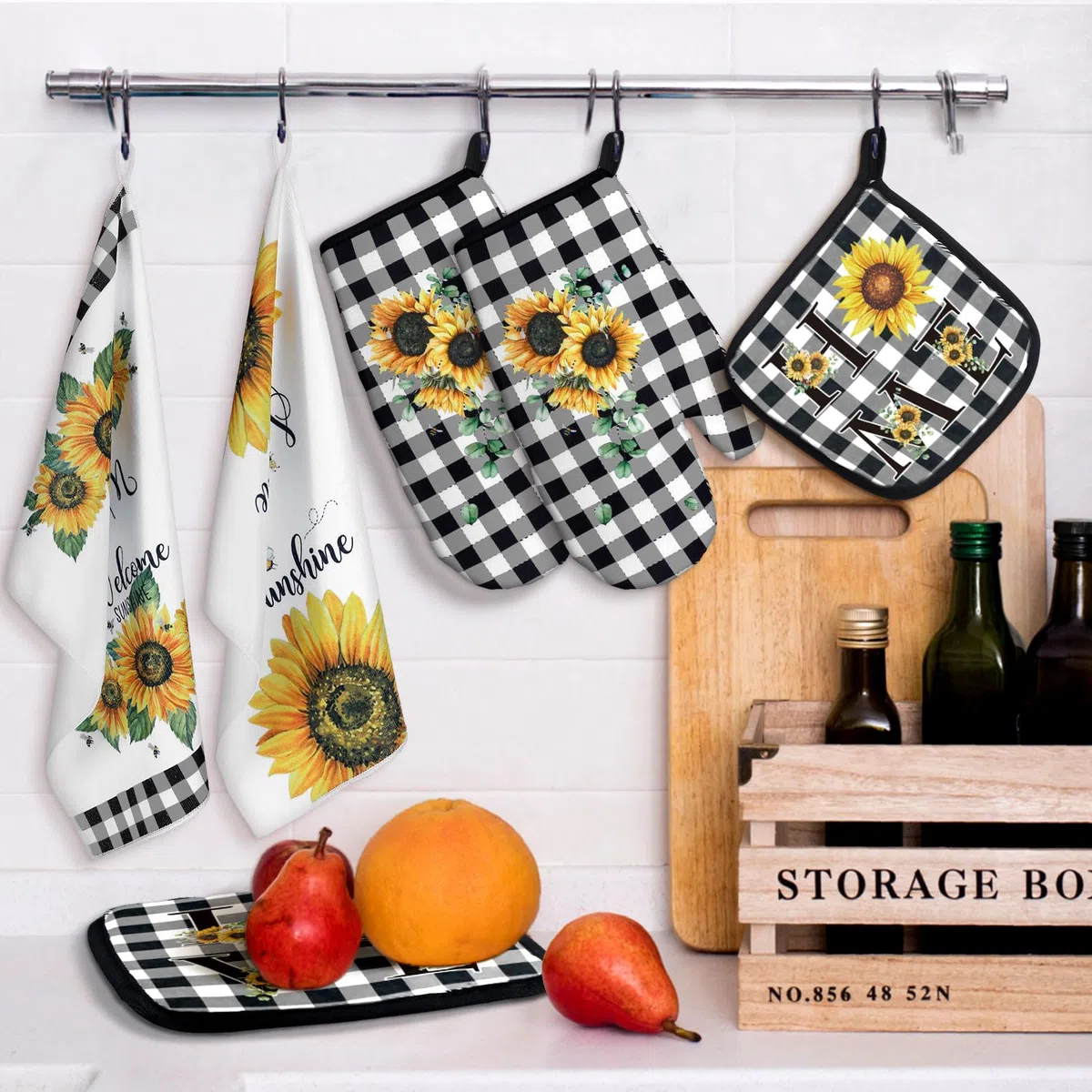 Bencailor 6 presine decorative da cucina, 2 strofinacci, 2 guanti da cucina in fattoria, 2 presine, accessori per cottura alla griglia (giallo, girasole)